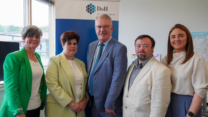 Pictured left to right: Grainne Close - Mencap NI Director, Joanne McDonald Disability Inclusion Officer – Mencap NI, Health Minister Mike Nesbitt, Dr James Martin MBE - Mencap NI Ambassador, Karen Gilgunn - Senior Communications, Marketing and Influencing Lead Mencap NI.