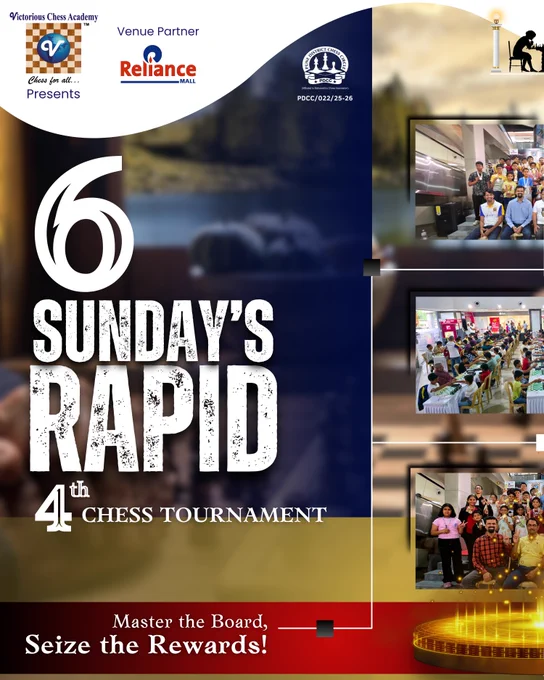 📅 Date: 10th August 2025 (Sunday)
📍 Venue: Reliance Mall, Erandawane, Pune
📞 Contact:  91 8626025502

Registration Link:
https://circlechess.com/registration?id=36703

Brochure Link :
https://circlechess.com/brochure?id=36703

Stay sharp, stay fierce, and make your winning move! ♟️🔥