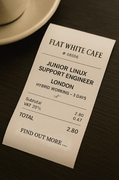 Receipt from “Flat White Cafe” displaying a job listing: “Junior Linux Support Engineer – London & NYC (now) – Hybrid Working (3 Days)”, styled as a coffee bill with VAT and total, hinting at an accessible yet rewarding tech role.