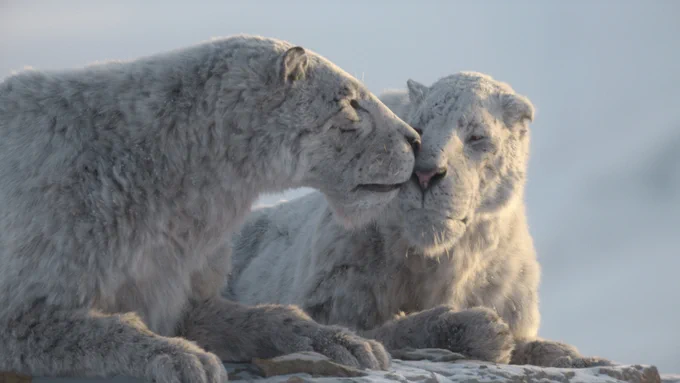 From the Apple TV  series Prehistoric Planet: Ice Age. Two sabertooth tigers lay on the ground in a snowy setting.  