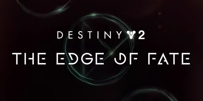 Title card for Destiny 2: The Edge of Fate, featuring glowing symbols on a dark background.