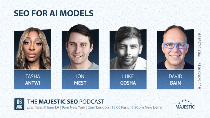 Promotional image for a live podcast on SEO for AI models with guests Tasha Antwi, Jon Mest and Luke Gosha.
