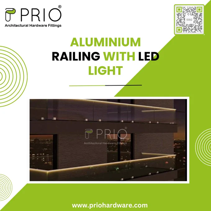 Modern aluminium glass railing with integrated LED light by PRIO Architectural Hardware.