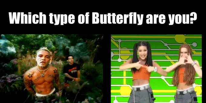 Top text: Which type of butterfly are you?
Bottom left: Image from Crazy Town's Butterfly music video.
Bottom right: Image from smile.dk's Butterfly music video.