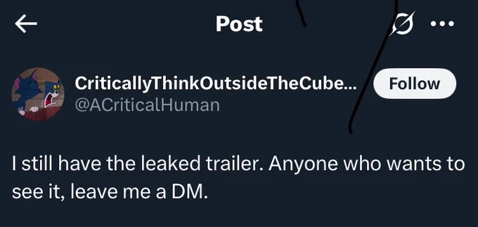 Tweet from Twitter user ACriticalHuman, promoting an illegally obtained Coyote Vs Acme trailer.