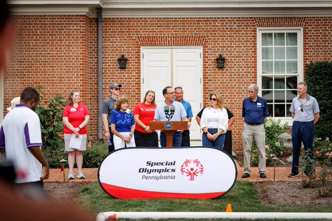 Governor Josh Shapiro speaking at the Special Olympics Pennsylvania Bocce Ball Tournament at the Governor’s Residence.