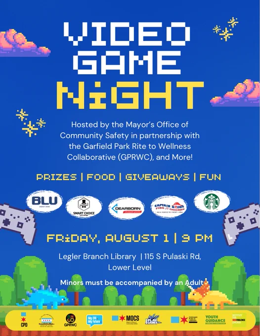 Poster for 'Video Game Night' event on Friday, August 15 at the Garfield Prize Rite to Wellness Community Safety, in partnership with various sponsors including Blu, Smartdogs, and GameOn. Event details, date, and location information, along with sponsor logos displayed.