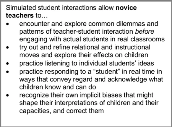 Screenshot from the downloadable resource guide linked in the tweet. It captures part of a table, which bullets out a list of the benefits of conducting simulated student interactions for novice teachers, including the opportunity to explore common dilemmas and patterns before engaging actual students.