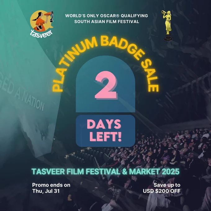 Promotional carousel for Tasveer’s Platinum Badge Sale, featuring an image of the previous’ Festival crowd during a film screening as the poster’s background. The post promotes savings for the 20th anniversary of the Tasveer Film Festival. The post highlights that there’s only 2 days left of the badge promo. It showcases three Platinum badge tiers — A, B, and C — each offering full access to the festival and film market, industry panels, networking events, and a complimentary TasveerTV membership. Platinum A and B include 3–5 nights at a top Seattle hotel with built-in savings. The final slide highlights the general Tasveer Film Festival badge, emphasizing access to screenings, Q&As, and community events. The sale ends July 31, 2025, and badges are limited.