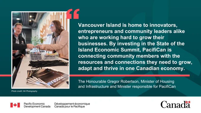 Attendees speak to a representative at an event. Quote reads:  
 
"Vancouver Island is home to innovators, entrepreneurs and community leaders alike who are working hard to grow their businesses. By investing in the State of the Island Economic Summit, PacifiCan is connecting community members with the resources and connections they need to grow, adapt and thrive in one Canadian economy."   
 
The Honourable Gregor Robertson, Minister of Housing and Infrastructure and Minister responsible for Pacific Economic Development Canada. 
 
Photo credit: HA Photography 