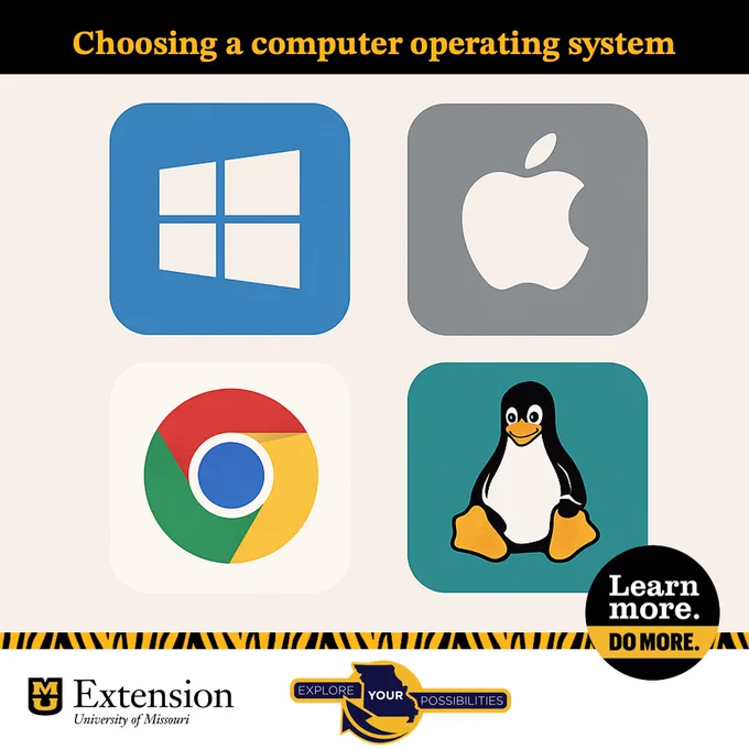 A collage of logos for Microsoft, Apple, Google and Linux. Text says "Choosing a computer operating system" 