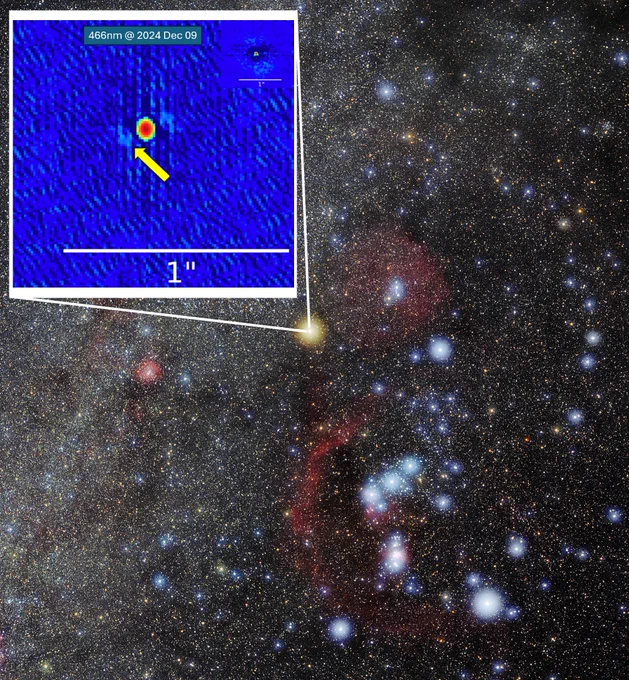 Image: An arrow points to the companion. Note that the image processing introduces a 180º ambiguity in the location of the companion, which is resolved by analyzing phase information. Credit: Howell et al. 2025