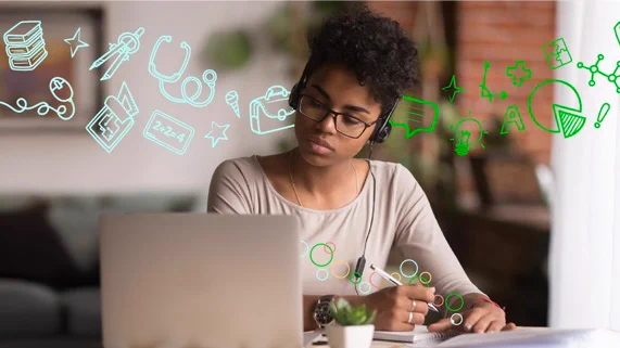 A student wearing headphones studies at a laptop in a cozy home setting, surrounded by floating green icons representing different fields of study like science, art, music, and technology.