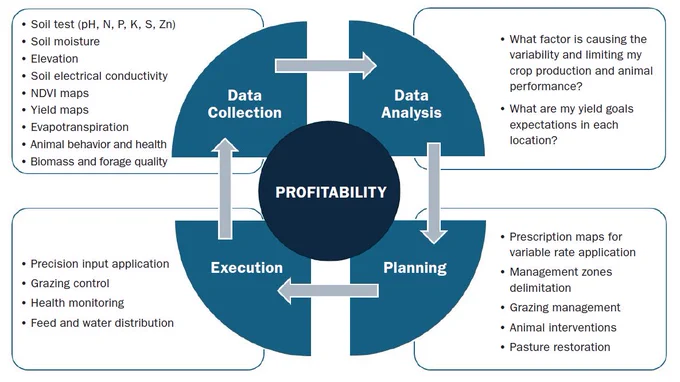 A chart showing the precision agriculture implementation workflow.