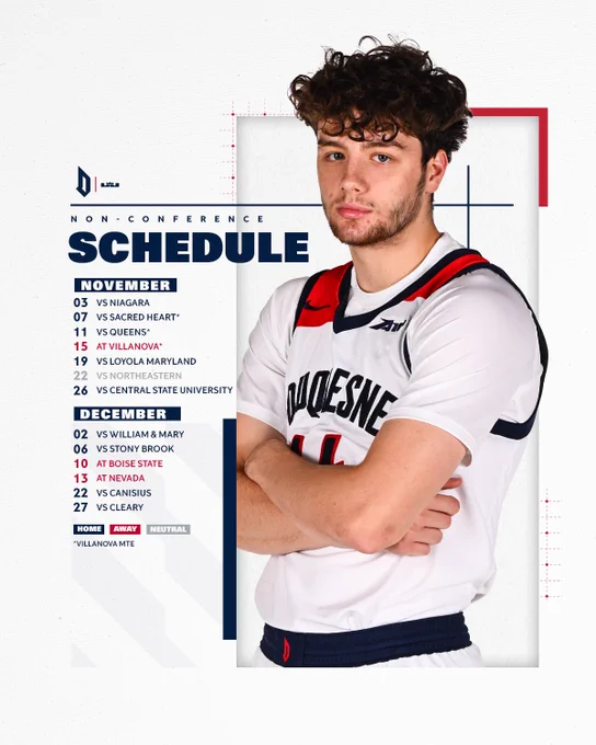 Jake DiMichele arms crossed. Non-conference schedule. November. 3rd vs Niagara, 7th vs Sacred Heart, 11th vs Queens, 15th at Villanova. 19th Loyola Maryland. 22nd vs Northeastern. 26th vs Central State University. December. 2nd vs William & Mary. 6th vs Stony Brook. 10th at Boise Stare. 13th at Nevada. 22nd vs Canisius. 27th vs Cleary
