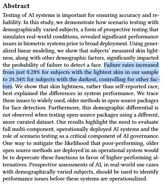 Excerpt from abstract: "Failure rates increased from just 0.28% for subjects with the lightest skin in our sample to 24.34% for subjects with the darkest, controlling for other factors". Full text is over 1000 characters and is available at the link.