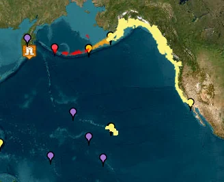 Map shows earthquake location off Kamchatka coast. Hawaii and much of Alaska and North American West Coast are in Tsunami Watch. Parts of Aleutian Islands are in Tsunami Advisory or Tsunami Warning.
