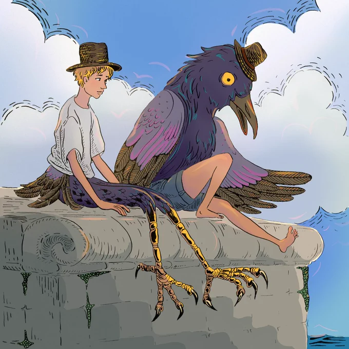 A man with crow legs sits next to a crow with human legs. Both wear top hats.