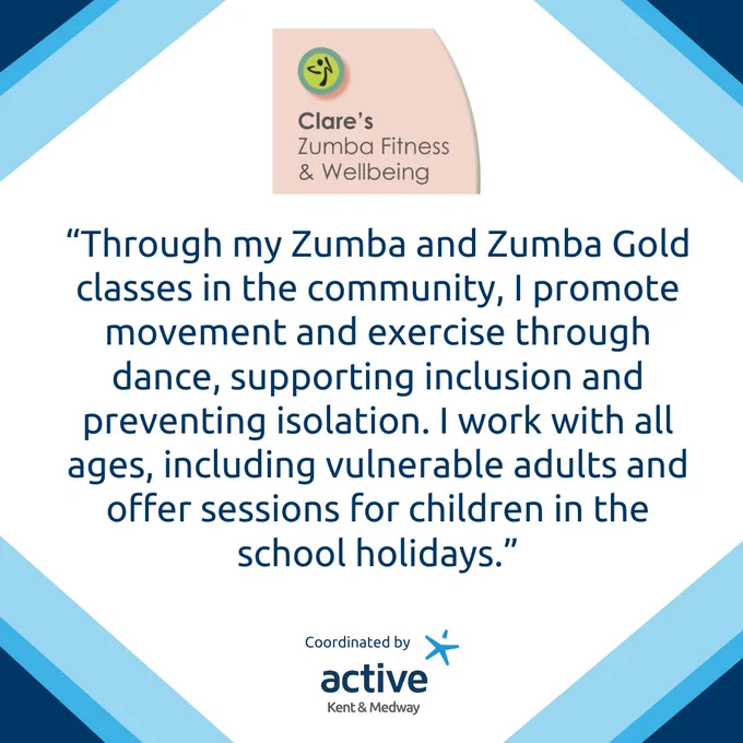“Through my Zumba and Zumba Gold classes in the community, I promote movement and exercise through dance, supporting inclusion and preventing isolation. I work with all ages, including vulnerable adults and offer sessions for children in the school holidays.”