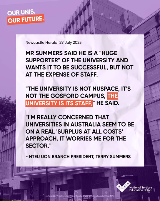 Quotes from Terry Summers in Newcastle Herald’s article. Background is photo of UON NUspace building with a purple filter.