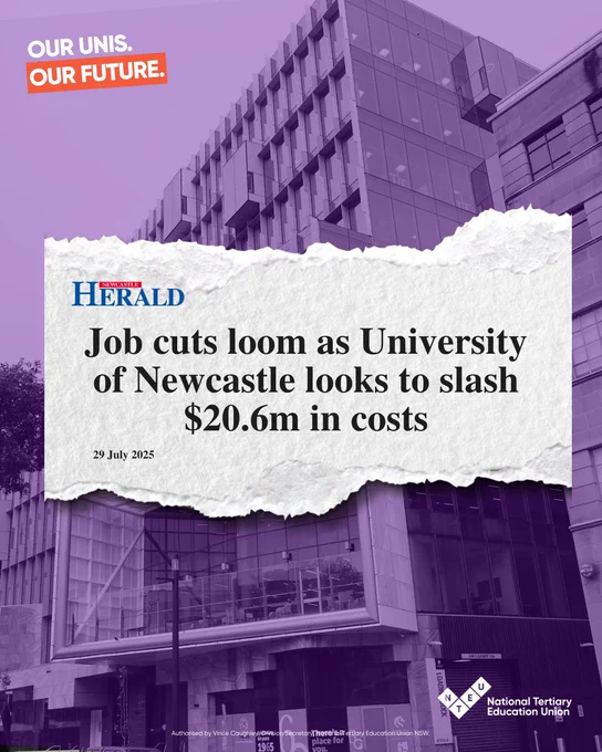 Newcastle herald headline reads: “job cuts loom as University of Newcastle looks to slash $20.6m in costs”. Background is photo of UON NUspace building with a purple filter.