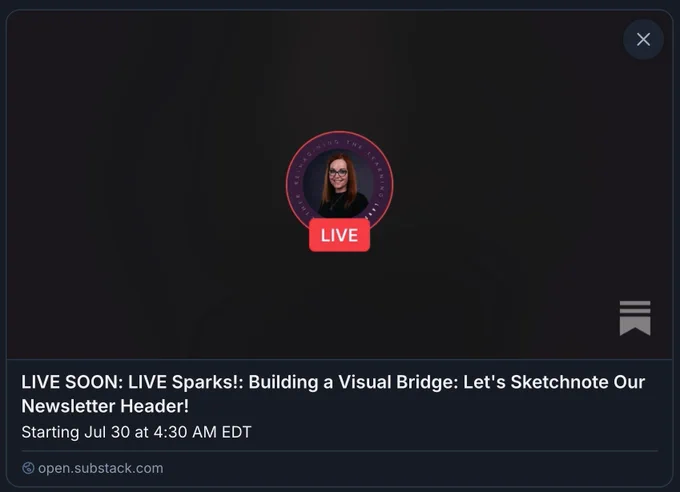 A screenshot of the Substack "Live Soon" screen for a livestream. In the center is a circular profile picture of Georgina Dean with a red 'LIVE' icon below it. The text below reads: "LIVE SOON: LIVE Sparks!: Building a Visual Bridge: Let's Sketchnote Our Newsletter Header!"