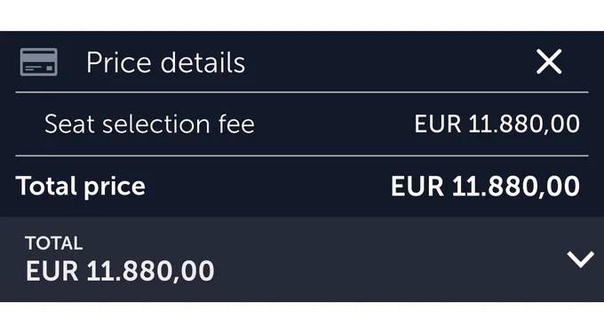 Screenshot of Turkish Airlines app wanting to charge me EUR 11880 for selecting a single economy seat during check-in.