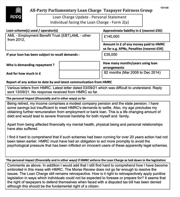 This is an example of a Loan Charge Impact statement taken as evidence by the Loan Charge and Taxpayer Fairness Group AAP. These statements highlight the true impact of the Loan Charge on families and individuals and how that differs from what is reported by HMRC

Work for HMRC? Sick of the slaughter? Help us. Follow the link below:

https://www.hmrcloancharge.info/hmrc-whistleblower-portal/

To see a proposed solution to the mess visit:

https://www.loanchargeresolution.co.uk/wp-content/uploads/2024/08/Letter-to-Exchequer-Secretary-to-the-Treasury-about-the-Loan-Charge-August-2024.pdf


We understand that those affected may be having a tough time right now, especially given the disappointing announcement from the Government. If this is you please seek help. We attach contact details for Samaritans.
#LoanChargeScandal 
 
https://www.samaritans.org
Call: 116 123