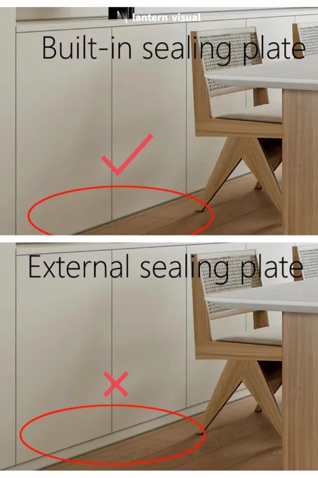 A comparison image showcasing two different treatments for cabinet toe kicks, highlighting how Lantern Visual helps clients achieve optimal design results. The left example (labeled "Not Recommended") features an external toe kick with visible seams between the panel and the cabinet. The right example (labeled "Recommended") demonstrates a recessed toe kick, creating a sleek, seamless appearance for a modern and cohesive look. Choose Lantern Visual—our professional 3D rendering services allow you to visualize these design details before production, ensuring flawless execution like this "recessed toe kick" effect. With unlimited revisions and fast turnaround, we help you avoid costly design errors and deliver a final product that guarantees 100% client satisfaction.