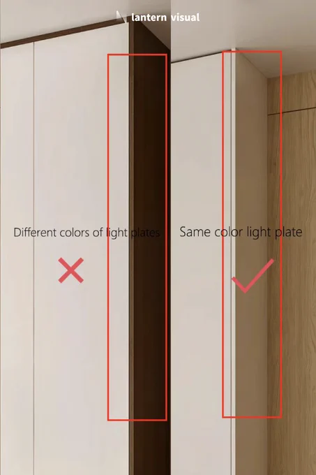 A comparison image highlighting the importance of coordinated cabinet side panel colors, showcasing how Lantern Visual ensures harmonious design. The left example (labeled "Not Recommended") displays dark side panels that clash with white cabinet doors, creating visual discord. The right example (labeled "Recommended") features side panels color-matched to the doors, delivering a seamless, polished look. With Lantern Visual’s VIP Design Subscription at $2,950/month, you gain a dedicated professional team focused on every detail. Our hyper-realistic 3D renderings guarantee perfect alignment of all elements—from side panels to doors—helping you craft stunning, high-end designs that impress clients.