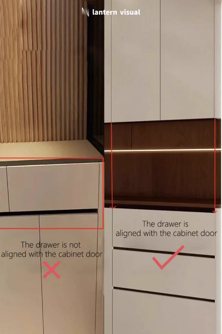 A comparison image emphasizing the precision of cabinet drawer-to-door alignment and how Lantern Visual helps achieve flawless execution. The left example (labeled "Not Recommended") shows misaligned drawer fronts and cabinet doors, disrupting visual harmony. The right example (labeled "Recommended") demonstrates perfect vertical alignment between drawers and doors, showcasing superior craftsmanship. Lantern Visual goes beyond rendering—we provide technical millwork specifications. Our team ensures millimeter-perfect precision, and through our photorealistic renderings, you can clearly communicate exact requirements like "drawer-to-door alignment" to your production team, guaranteeing the final product perfectly matches your design vision.