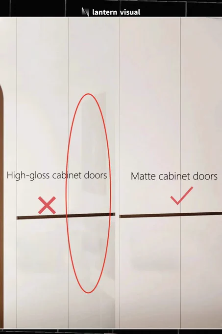A side-by-side comparison demonstrating the visual impact of different cabinet door sheens, illustrating how Lantern Visual helps you select the perfect material. The left example (labeled "Not Recommended") features high-gloss doors whose reflective properties may appear overly harsh in certain lighting or show fingerprints. The right example (labeled "Recommended") presents matte-finish doors offering a softer, more contemporary look that's typically easier to maintain. Unsure which finish works best? This is where Lantern Visual excels. With our lightning-fast turnaround (typically within 48 hours), we can provide multiple material renderings of the same design - whether glossy, matte, or other finishes. You'll be able to visually compare options with your clients and make informed decisions, all covered under our unlimited revision policy.