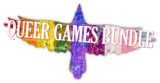 illustration shows the outline of a soaring bird, filled in with the colors of the queer and trans pride flags. text over the top reads "QUEER GAMES BUNDLE."