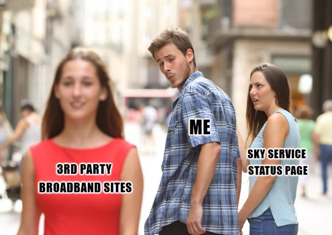 Distracted boyfriend meme. The "boyfriend" is labelled "Me". He's turning to look at the "other woman," labelled "3rd Party Broadband Sites." His upset girlfriend is labelled "Sky Service Status Page". Humorous commentary on preferring third-party sites over the official one.