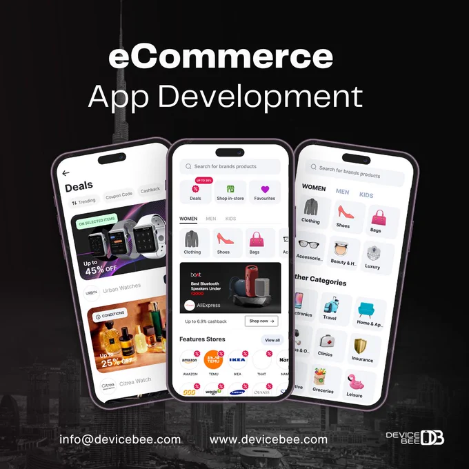 Want to build the next Amazon, Shein, or Temu? Your journey starts with a powerful, scalable, and user-friendly eCommerce mobile app — built to convert, engage, and grow your brand.

From smart product recommendations and secure payments to intuitive UI/UX and lightning-fast performance, your app will deliver a seamless shopping experience that keeps users coming back.

Whether you're launching a fashion marketplace, electronics store, grocery delivery platform, or multi-vendor ecosystem, our custom eCommerce app development solutions are tailored to your business goals.

Take inspiration from global leaders and build your own eCommerce empire — with features like:

🔹 Real-time inventory tracking
🔹 Multi-language & multi-currency support
🔹 AI-powered product discovery
🔹 Wishlist, flash sales, and promo codes
🔹 Integrated logistics & live order tracking
🔹 Reviews, ratings, and loyalty points

🚀 Start your digital store today!

💡 DeviceBee – Best App Development Company Dubai