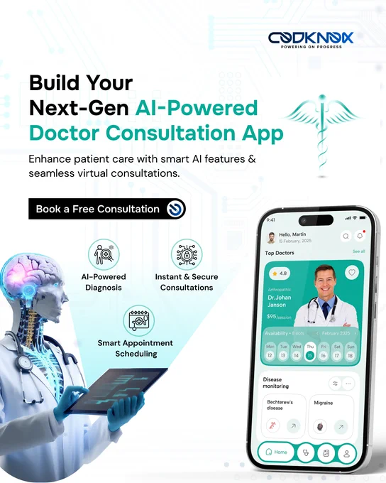 Doctor using a mobile app for virtual consultation, highlighting AI-driven healthcare and on-demand doctor app solutions