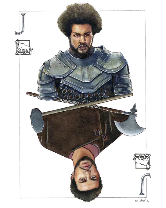 A scanned watercolor drawing of Marcus Rutherford as Perrin Aybara in the Amazon Prime show The Wheel of Time. The fanart concept is a jack playing card showing Perrin in brown coat from season one with an axe and a hammer crossed in the middle, and Perrin with longer hair, in armour from season three on bottom. There are letters J in top left and bottom right corner as well as the wolf logo from the books.