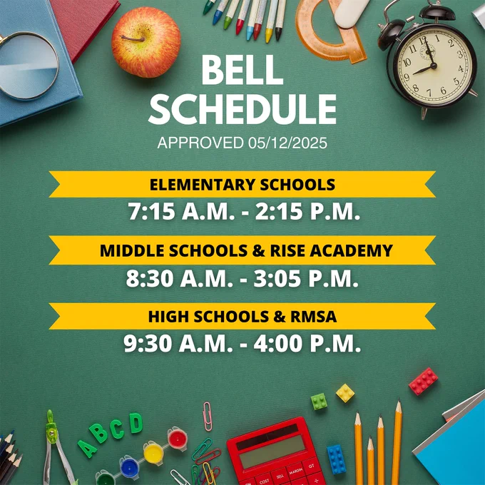 DDTwo bell schedule for elementary, middle, and high schools as well as Rise Academy.