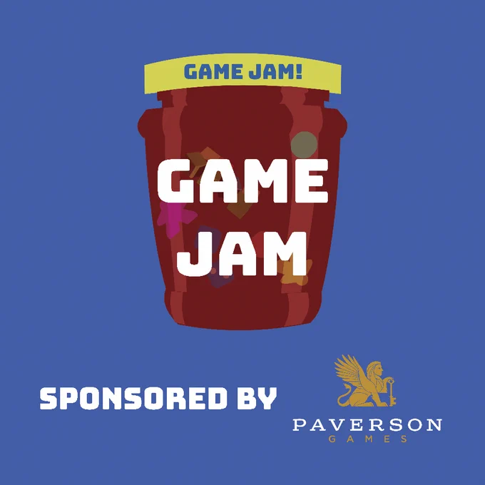 Image shows a jam jar with meeples in it, with the caption Game Jam, sponsored by Paverson Games.