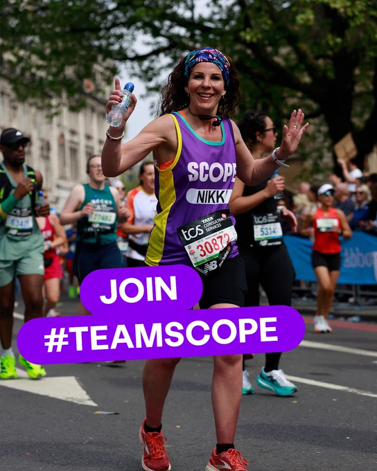 Team Scope runner, Nikki smiling and waving as she runs in the London Marathon. Text reads: 'Join #TeamScope'