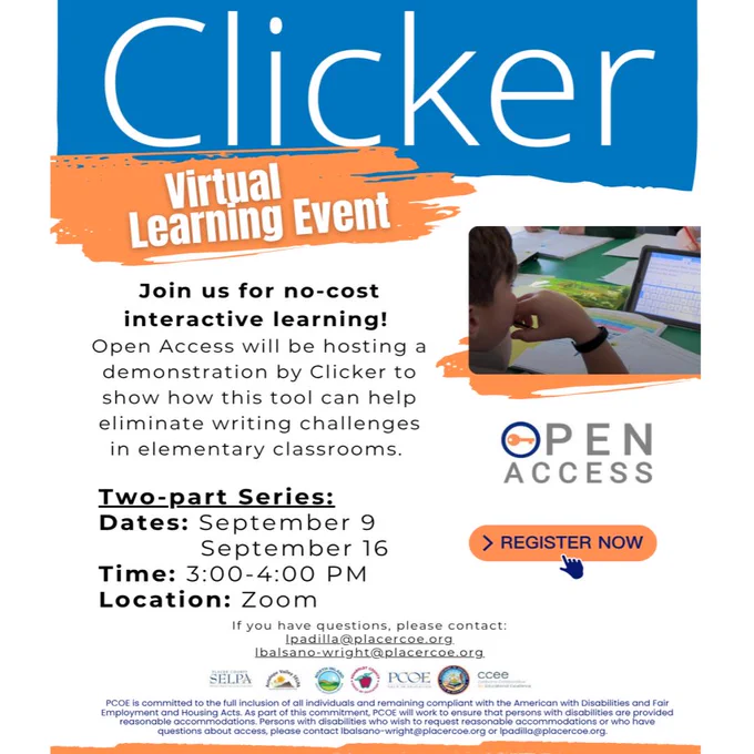 Flyer for "Clicker Virtual Learning Event" by Open Access, promoting two interactive sessions on Sept 9 and 16, 3-4 PM via Zoom, for educators to learn about Clicker writing tools for elementary students.
