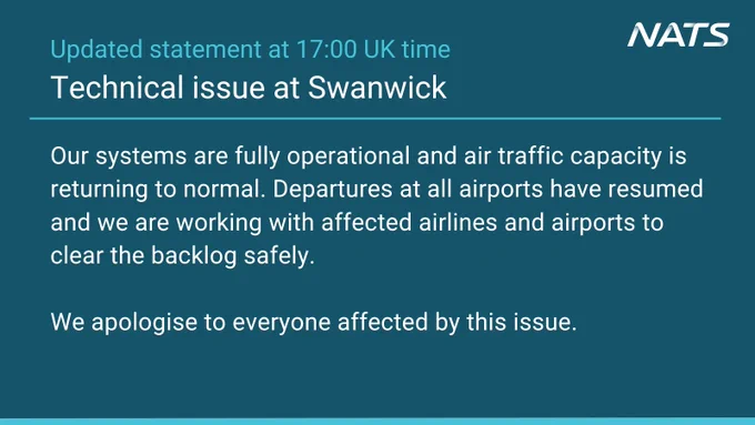 Technical issue at Swanwick

Departures at all airports have resumed and we are working with affected airlines and airports to clear the backlog safely. 

We apologise to everyone affected by this issue.