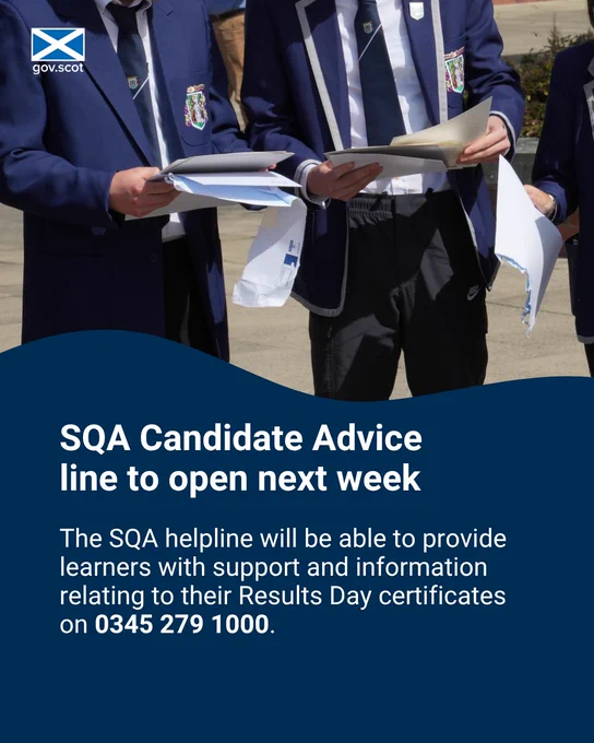 Picture of pupils holding SQA certificates, with the caption: "SQA Candidate Advice line to open next week. The SQA helpline will be able to provide learners with support and information relating to their Results Day certificates on 0345 279 1000."