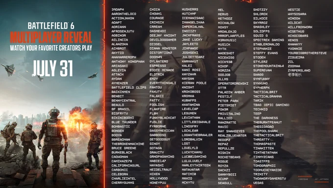The key art for Battlefield 6 shows four soldiers watching New York City crumble while three jets fly overhead. Overlaid text says, “Battlefield 6 Multiplayer Reveal—Watch your favorite creators play July 31,” followed by a list of creator handles.