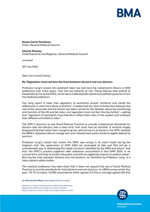 Letter to Dame Carrie McEwan and Charlie Massey (GMC) from Dr Tom Dolphin (BMA chair), on BMA letterhead paper outlining the findings on the Leng review, discuss next steps with Government and offer an opportunity for GMC to acknowledge mistakes. 