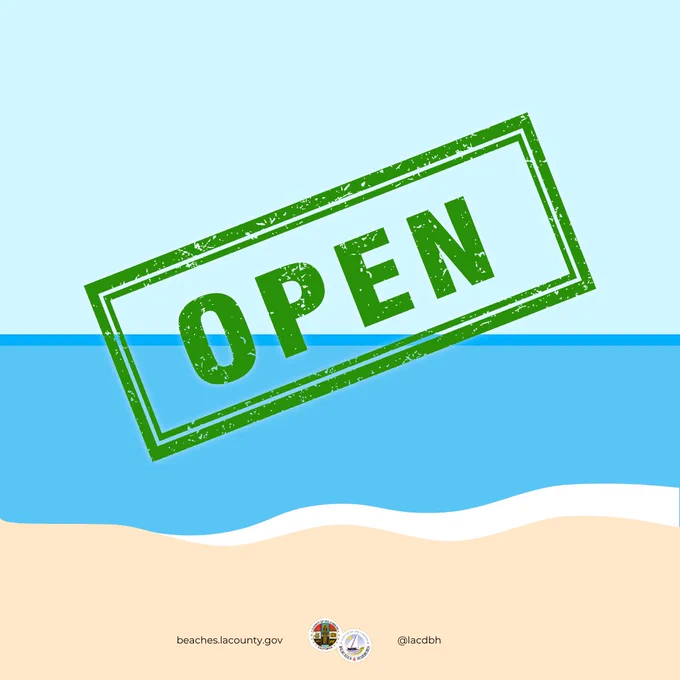illustration of beach with graphic that says "OPEN" across