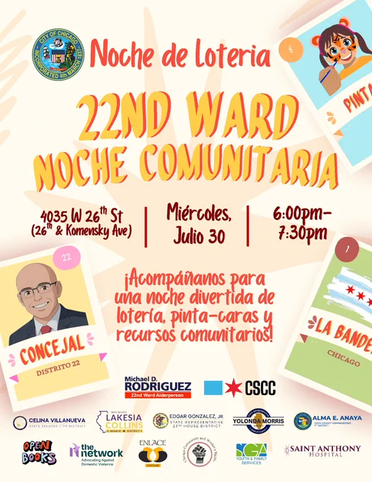 Promotional poster for 'Noche de Loteria,' a community night event on July 30 at 7:30 PM, located at 4935 W 26th St. Features colorful graphics including a piñata, a character from Disney's 'Pinocho,' and logos for multiple sponsors like the City Sports Commission of Chicago and local businesses. Details include musical entertainment, food, and activities.