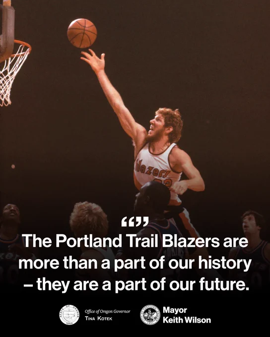 Vintage photo of Bill Walton making a layup. “The Portland Trail Blazers are more than a part of our history—they are a part of our future.” State of Oregon seal Office of Oregon Governor Tina Kotek. City of Portland seal Mayor Keith Wilson.