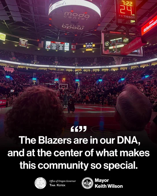 Photo of Mayor Wilson attending a Trail Blazers game. “The Blazers are in our DNA and at the center of what makes this community so special.” State of Oregon seal Office of Oregon Governor Tina Kotek. City of Portland seal Mayor Keith Wilson.