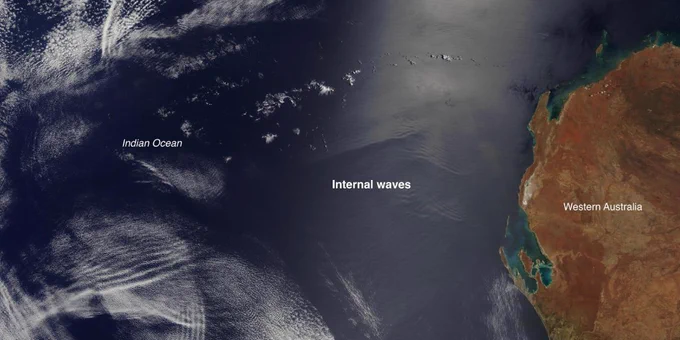 Satellite view of the Indian Ocean showing internal ocean waves near the coast of Western Australia.